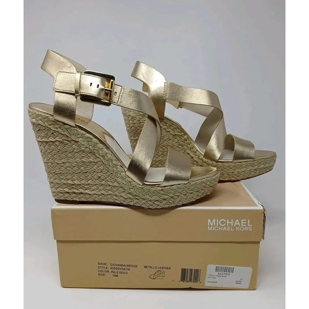 Michael Kors Giovanna MK Logo Pale Gold Espadrille Wedge Women’s US Size 10M New